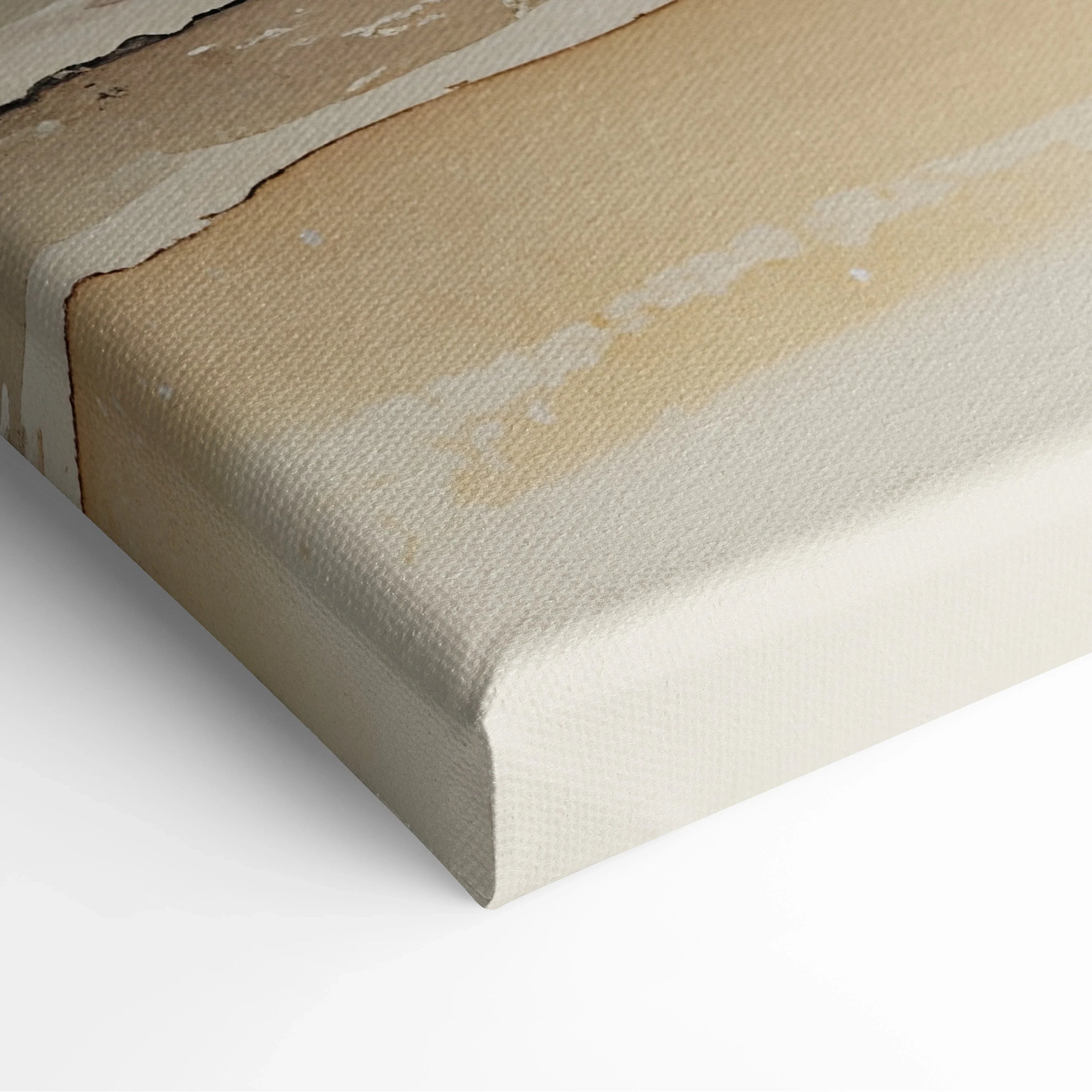 Close-up of beige and brown watercolor beach canvas wall art with textured fabric and wrapped edges.