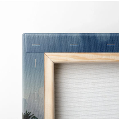 Close-up of wooden frame corner on watercolor beach canvas wall art with visible canvas texture and stapled edges.