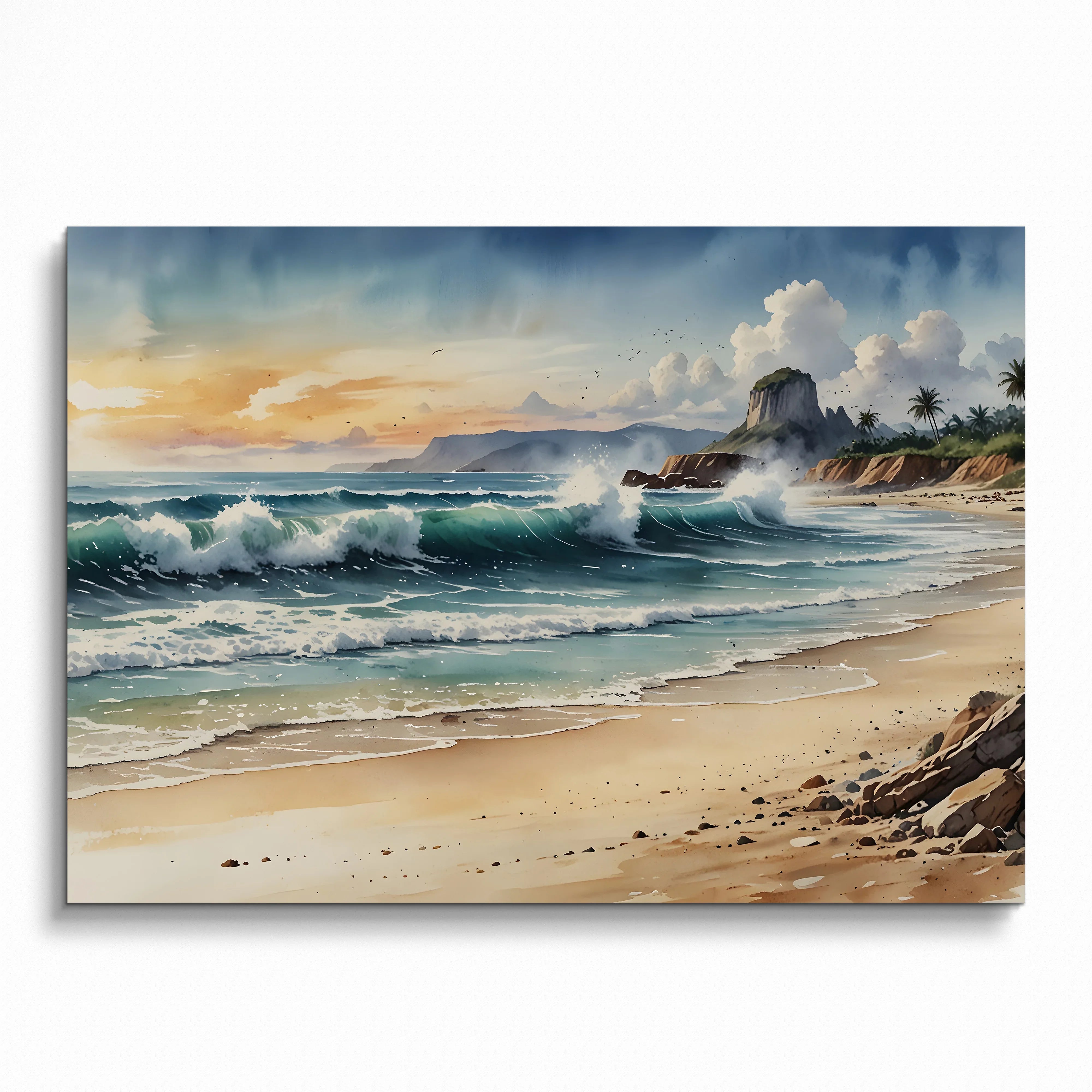 Serene watercolor ocean beach poster with crashing waves and distant cliffs wall art.