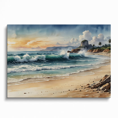 Serene watercolor ocean beach poster with crashing waves and distant cliffs wall art.