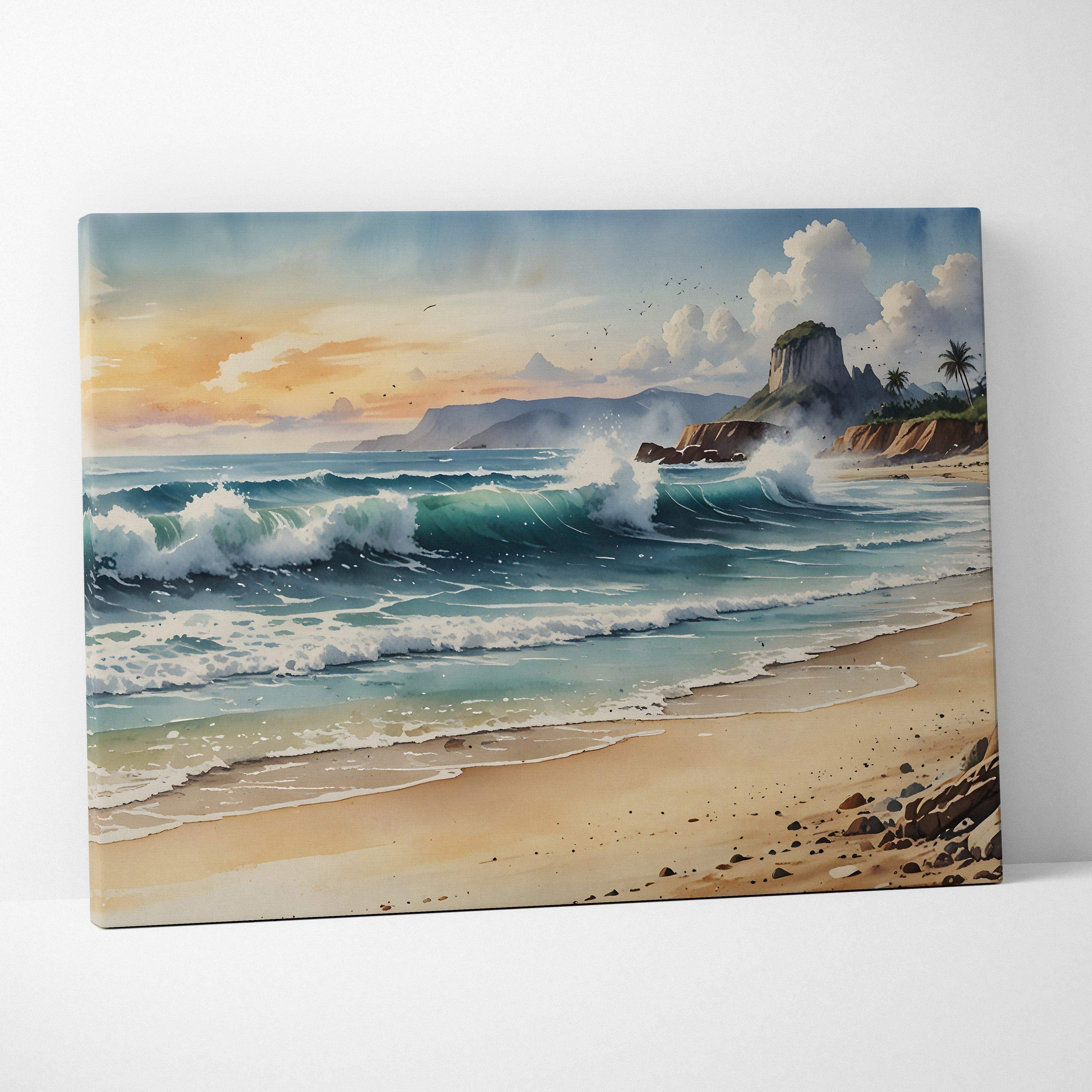 Watercolor beach scene canvas wall art featuring vibrant turquoise waves golden sand and rocky cliff at warm sunset