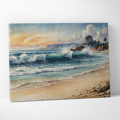 Watercolor beach scene canvas wall art with waves, sandy shore, and rocky cliffs at sunset.