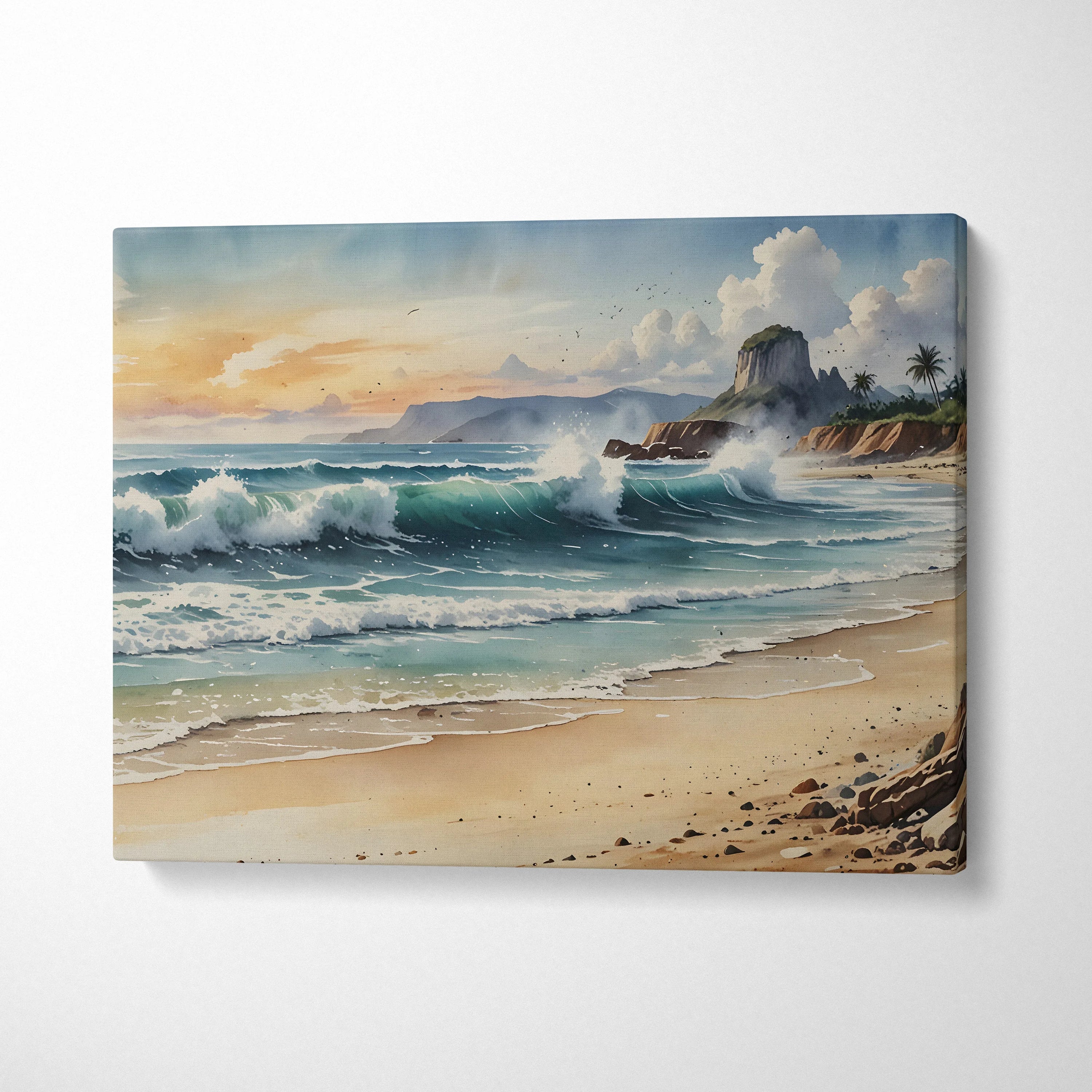 Watercolor beach scene canvas wall art with waves, sandy shore, and distant cliffs at sunset.