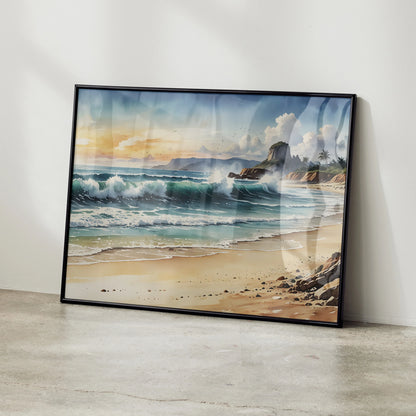 Serene watercolor ocean beach poster with waves, sandy shore, rocky cliffs, and cloudy sky wall art.