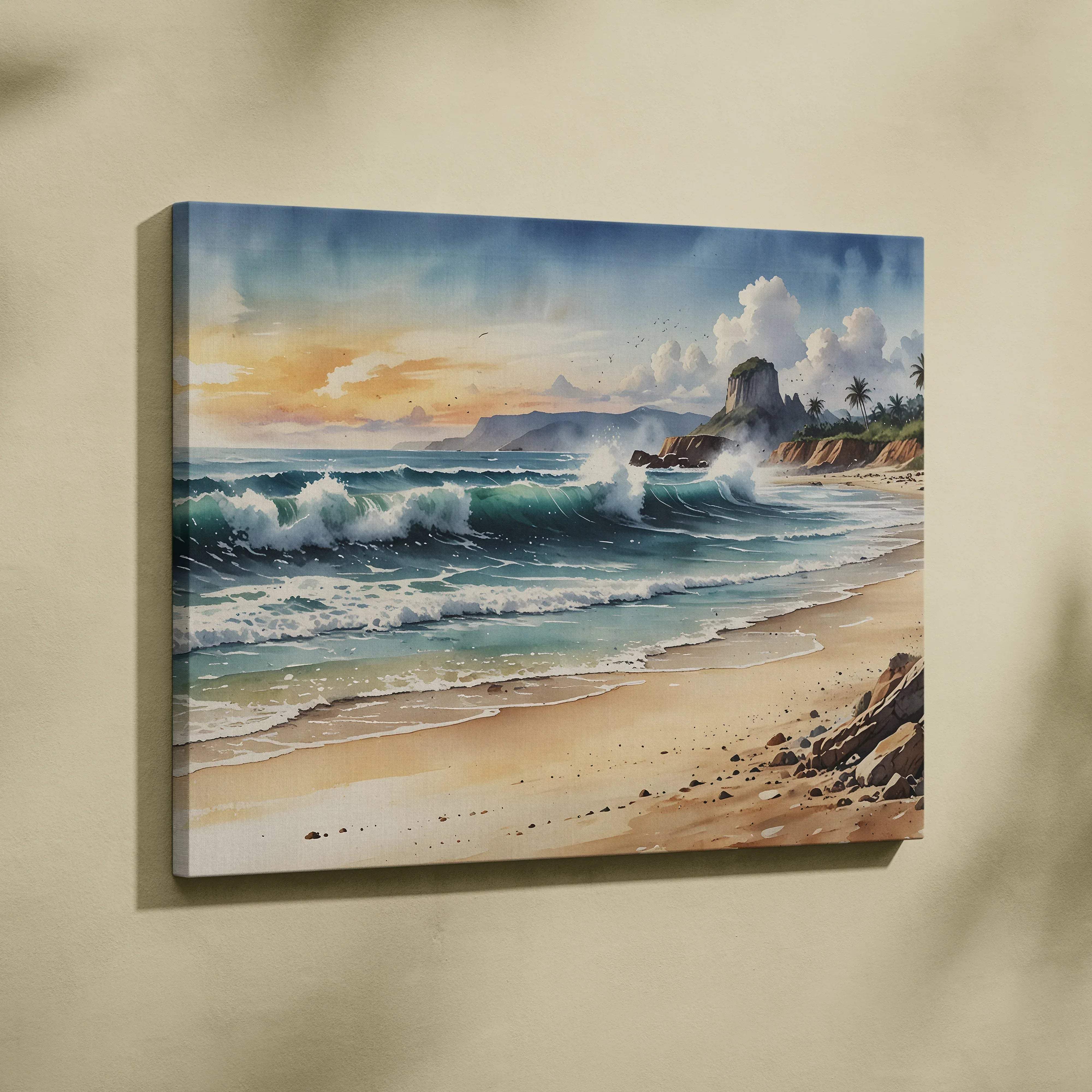 Beige canvas wall art of a watercolor beach scene with turquoise waves and cliffs at sunset in warm coastal blues