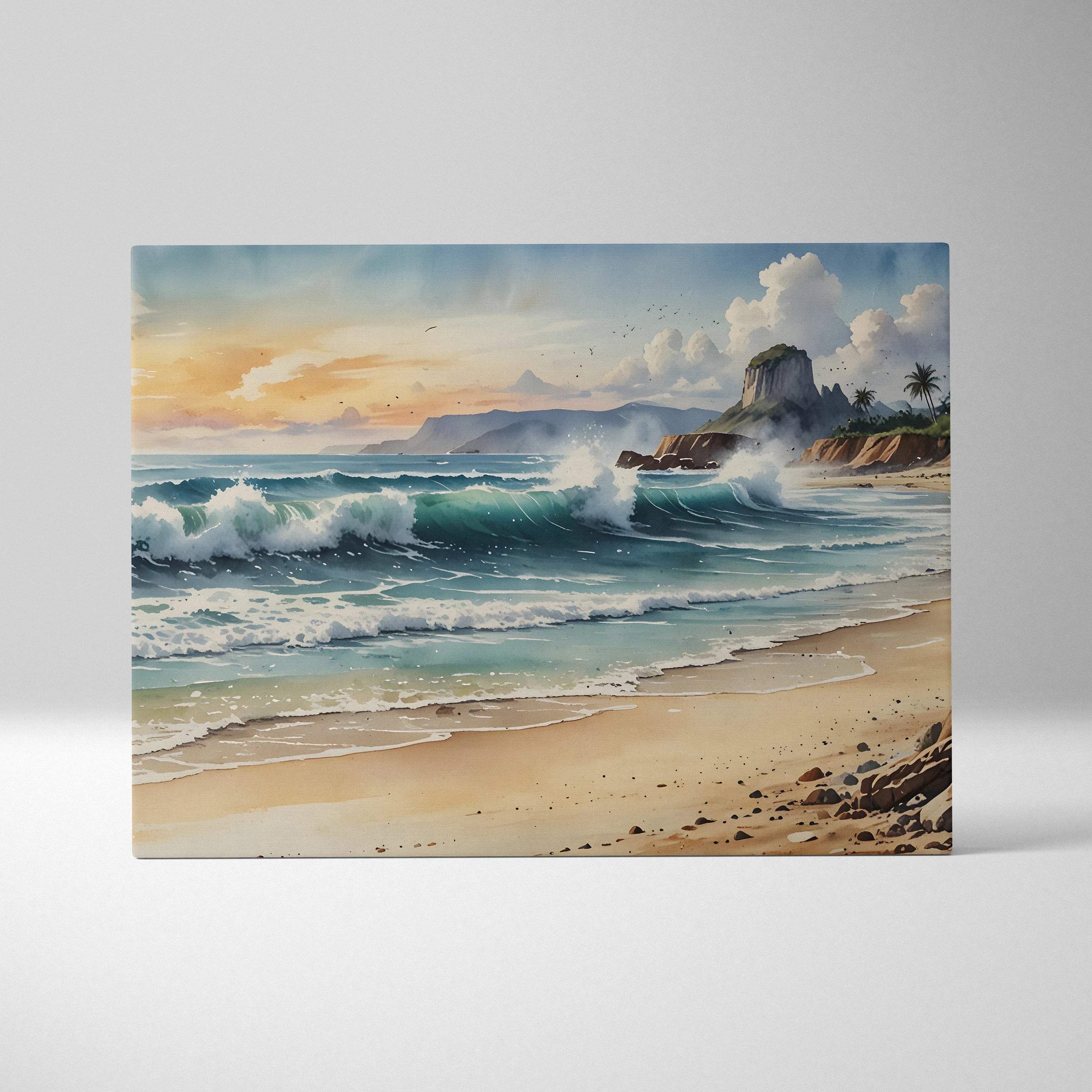 Watercolor beach scene canvas wall art with waves, sandy shore, and distant cliffs at sunset.