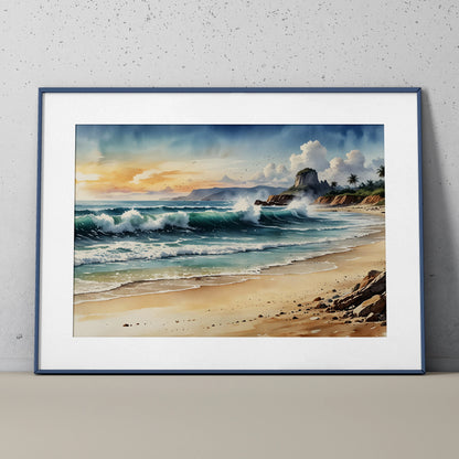 Serene watercolor ocean beach scene poster with waves, sandy shore, and cloudy sky wall art.