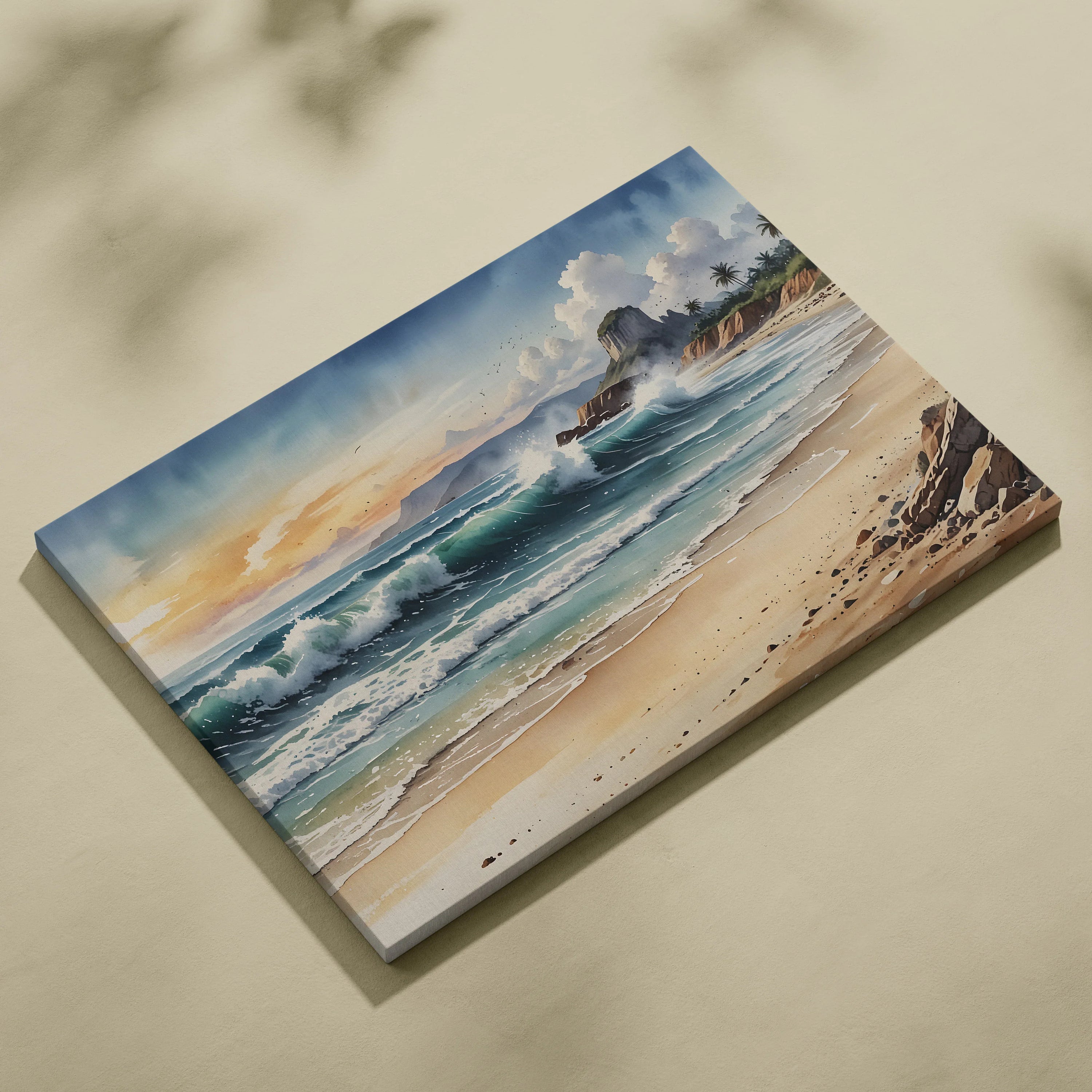 Watercolor beach scene canvas wall art with waves, sandy shore, and distant palm trees.