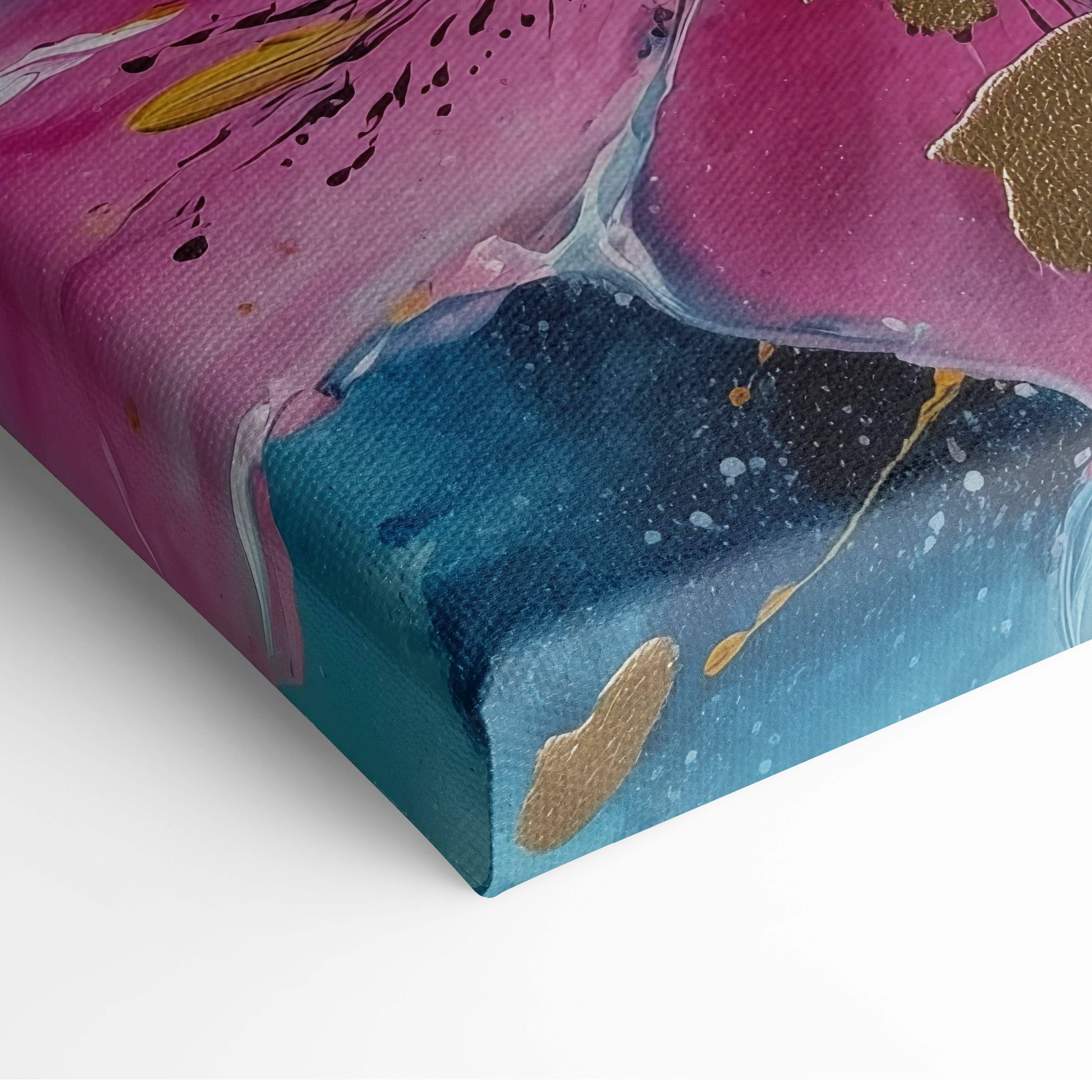 Pink blue lily canvas wall art with vibrant pink and teal marbled swirls and gold leaf accents for modern decor