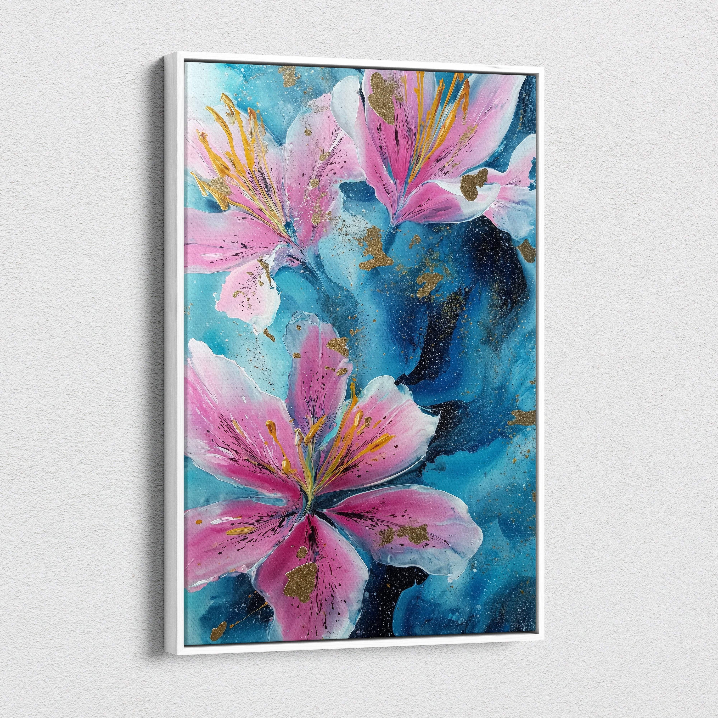 A framed abstract pink lily canvas wall art with gold stamens and gold leaf on blue black background for elegant decor