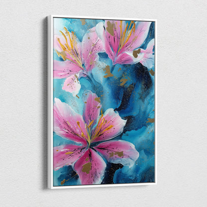 A framed abstract pink lily canvas wall art with gold stamens and gold leaf on blue black background for elegant decor