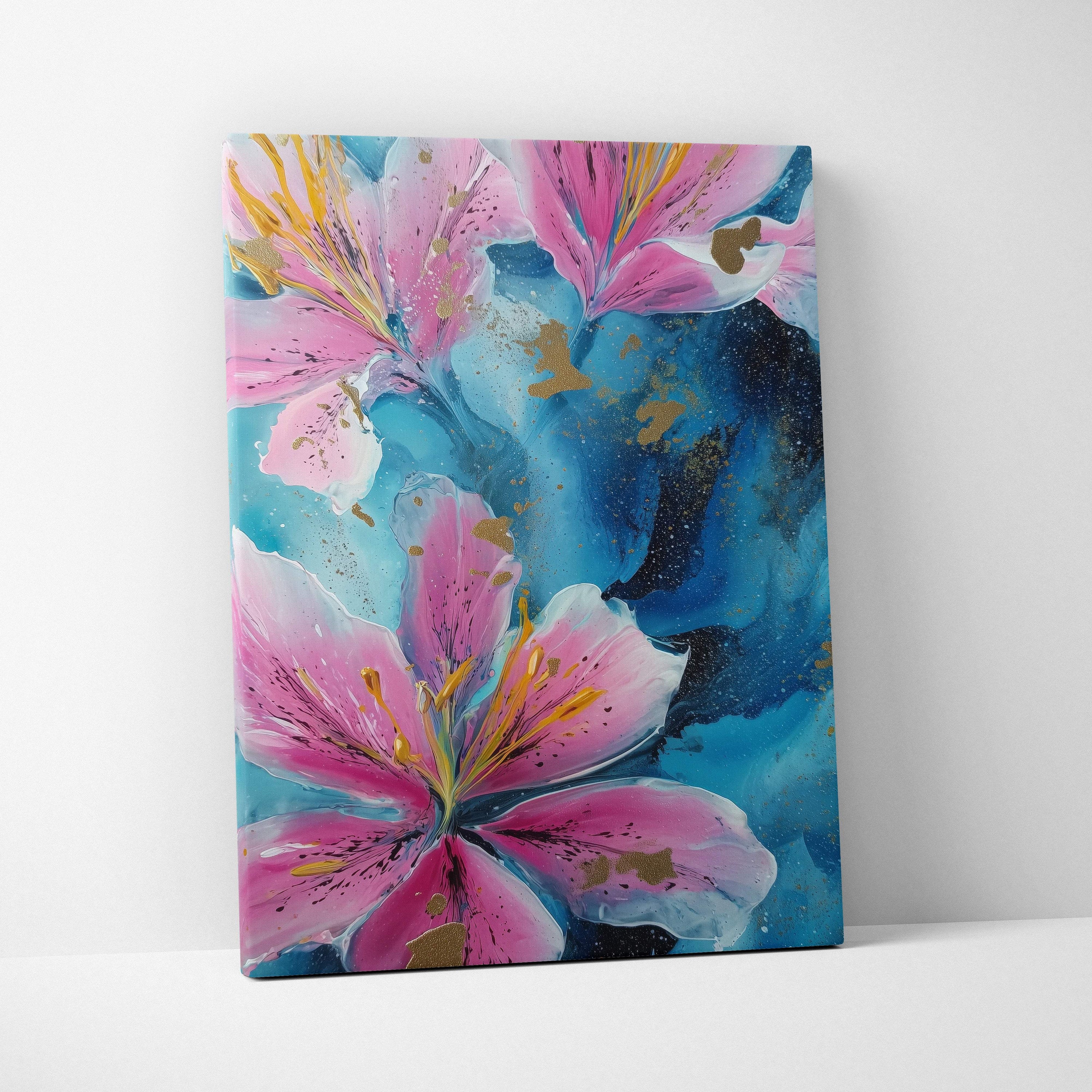Pink blue lily canvas wall art painting with vibrant pink lilies gold stamens and abstract gold leaf on swirling background