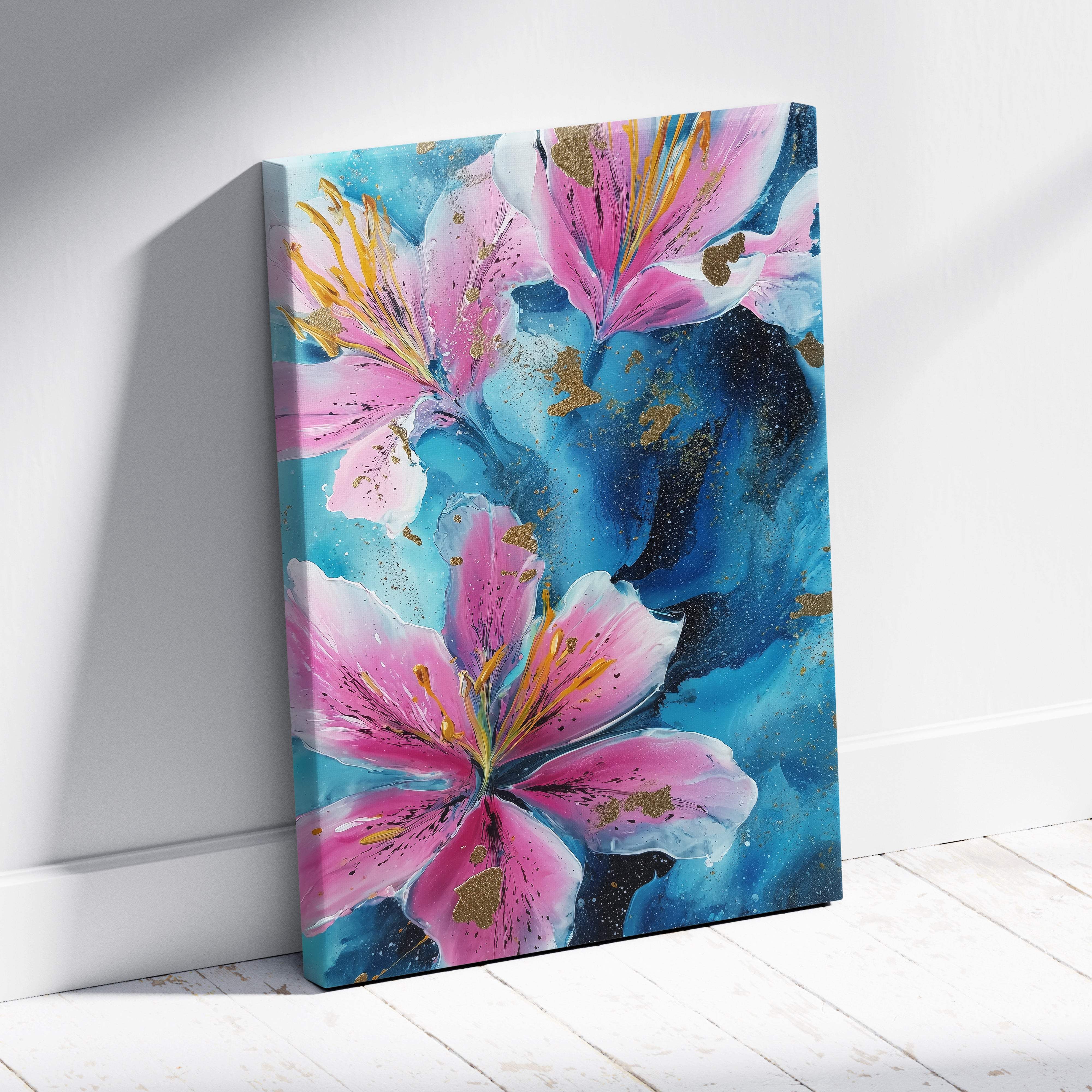 Vibrant pink blue lily canvas wall art featuring bold floral design with gold accents for modern bedroom or living room decor
