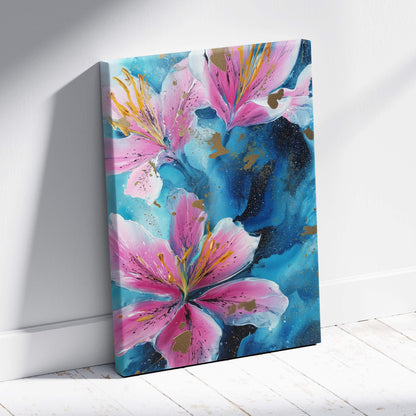 Vibrant pink blue lily canvas wall art featuring bold floral design with gold accents for modern bedroom or living room decor