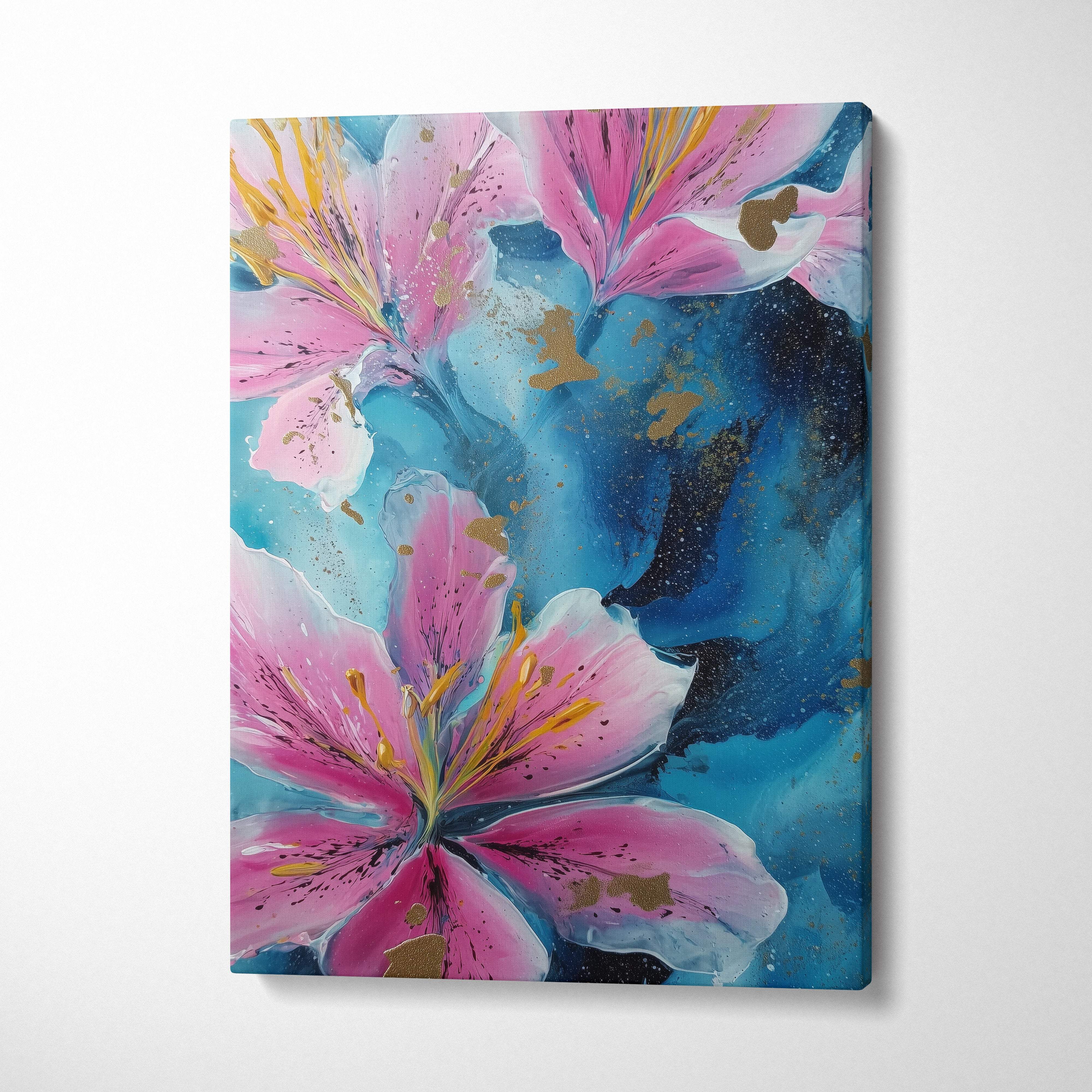 A vibrant canvas wall art painting featuring bold pink lilies with gold accents on a swirling blue background