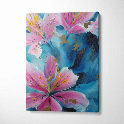 A vibrant canvas wall art painting featuring bold pink lilies with gold accents on a swirling blue background