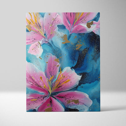 A vibrant pink blue lily canvas wall art painting with gold abstract floral accents for elegant modern decor
