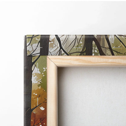 Corner view of autumn forest watercolor canvas art with natural wood frame and vibrant fall colors.