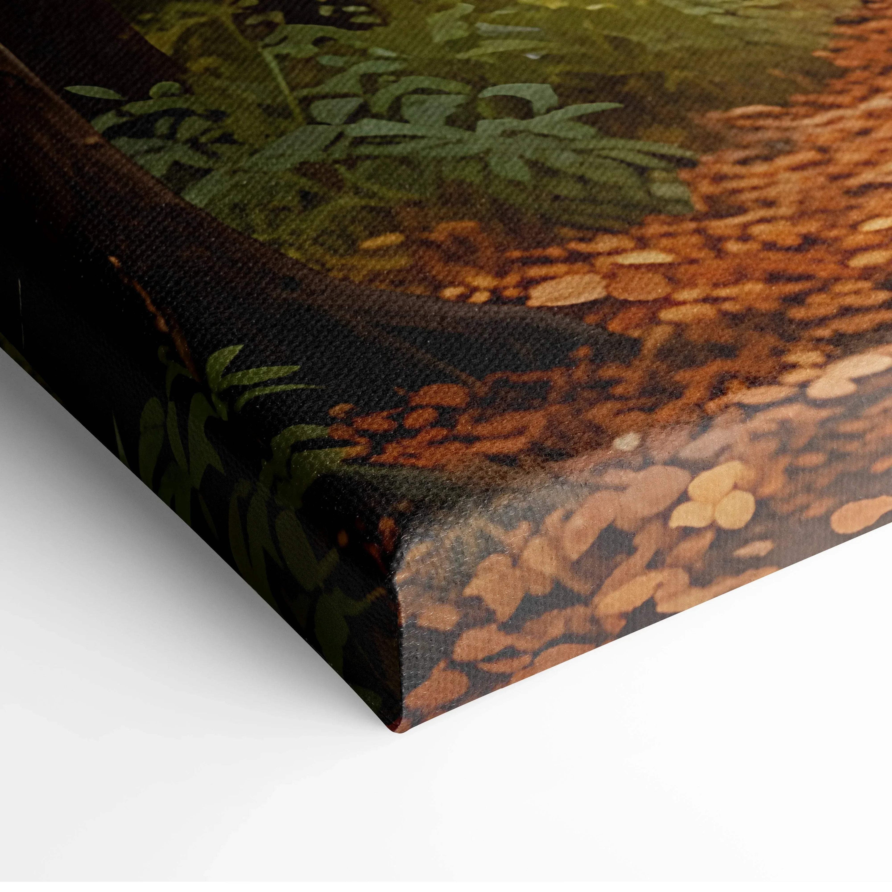 Close-up of vibrant autumn forest watercolor canvas wall art with rich orange and green tones.