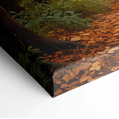 Close-up of vibrant autumn forest watercolor canvas wall art with rich orange and green tones.