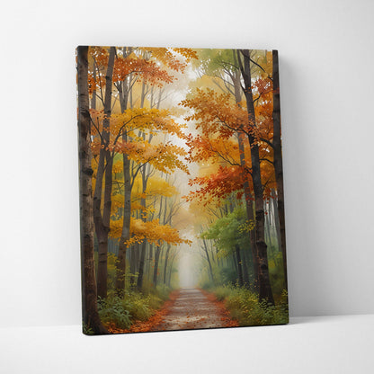 Vibrant autumn forest watercolor canvas wall art with orange and green trees along a misty path.