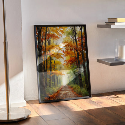 Watercolor style autumn trees forest scene poster with vibrant orange and green foliage wall art.