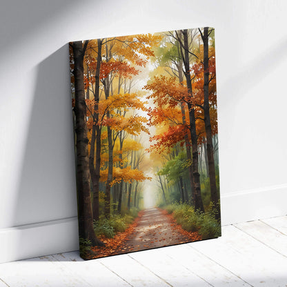 Autumn forest watercolor canvas wall art with vibrant orange and green trees along a misty path.