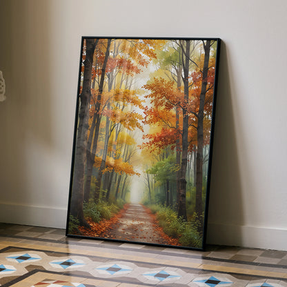 Vertical watercolor style autumn trees forest poster with a path in fall colors wall art.