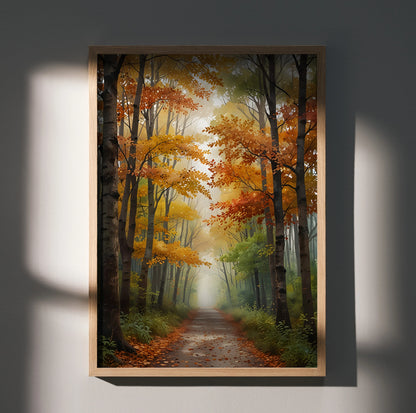 Watercolor style autumn forest poster with vibrant orange and yellow trees along a foggy pathway wall art.