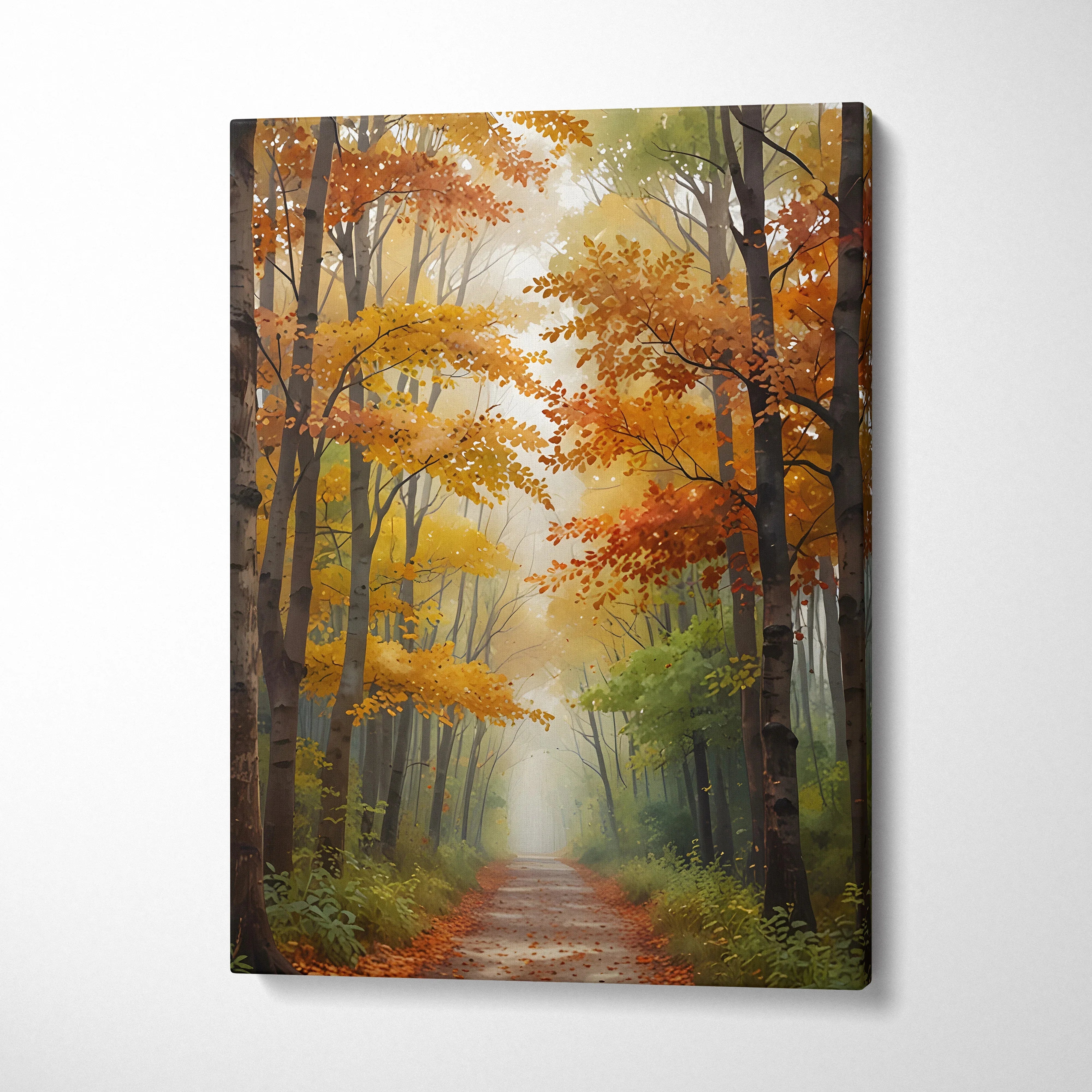 Vertical canvas wall art featuring vibrant autumn forest scene with watercolor leaves and a foggy path.