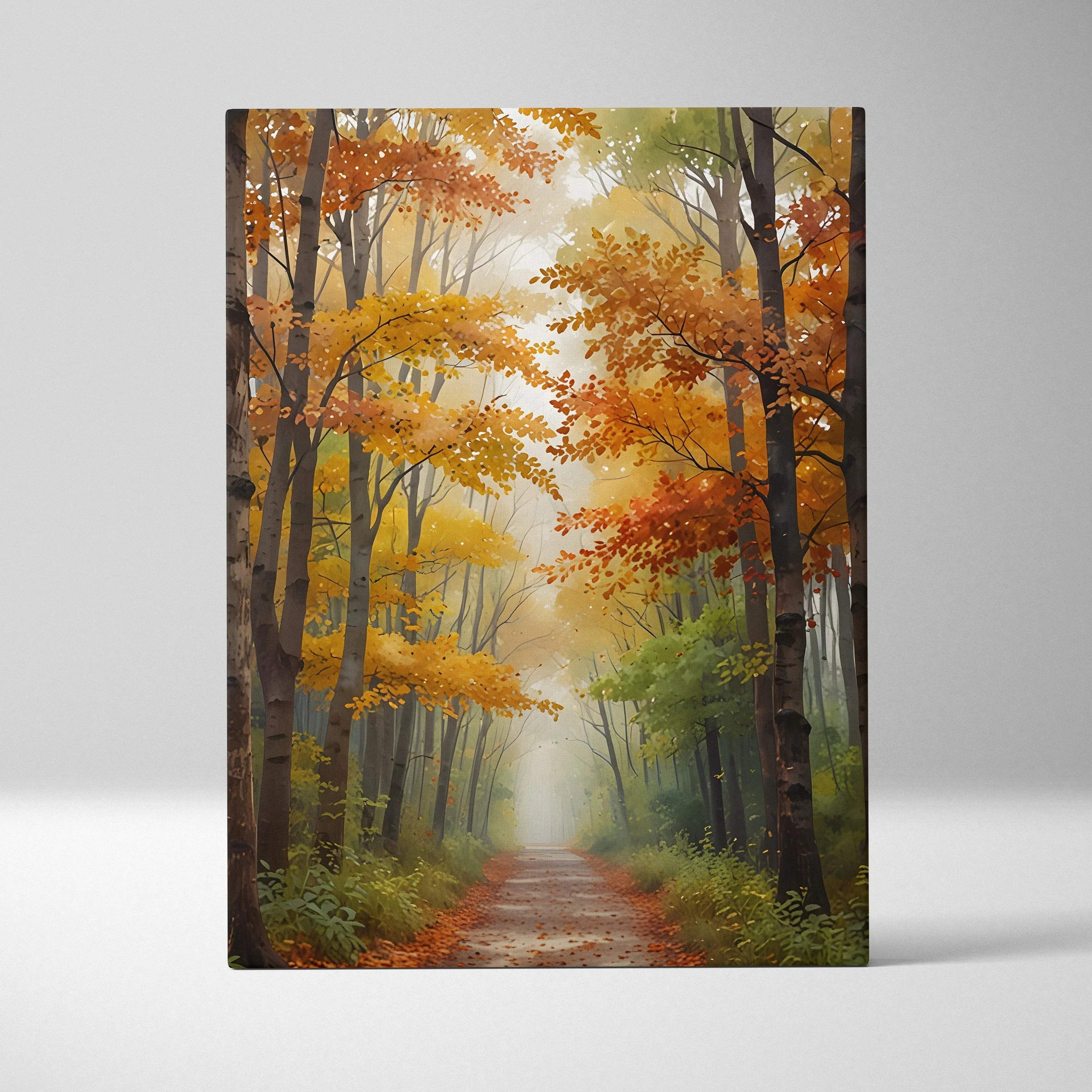 Vertical canvas wall art of a vibrant autumn forest path with orange and green watercolor trees.