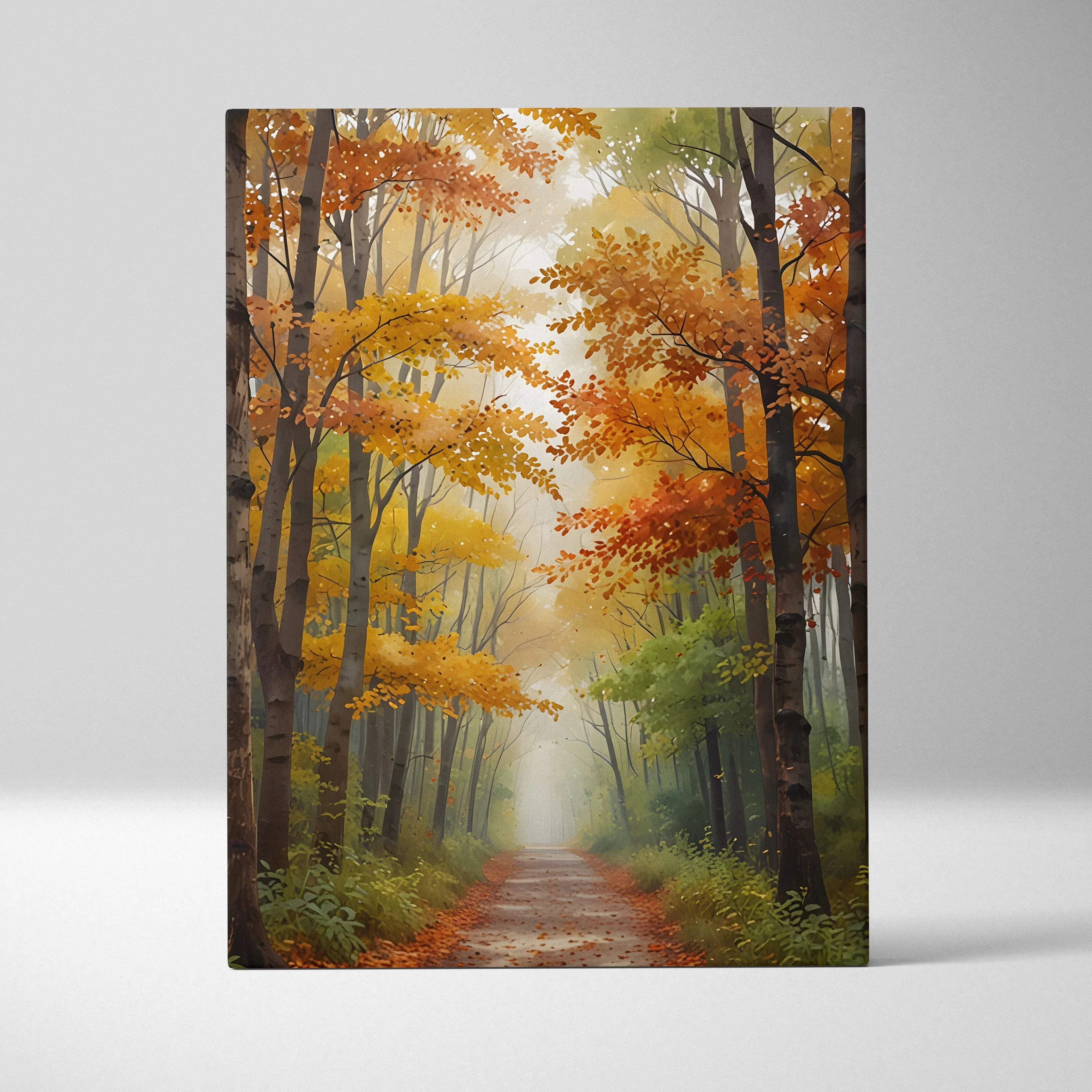 Watercolor autumn forest path canvas wall art featuring vibrant orange and yellow leaves on a misty forest path