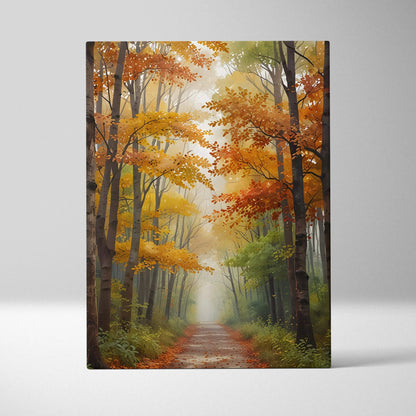 Vertical canvas wall art of a vibrant autumn forest path with orange and green watercolor trees.
