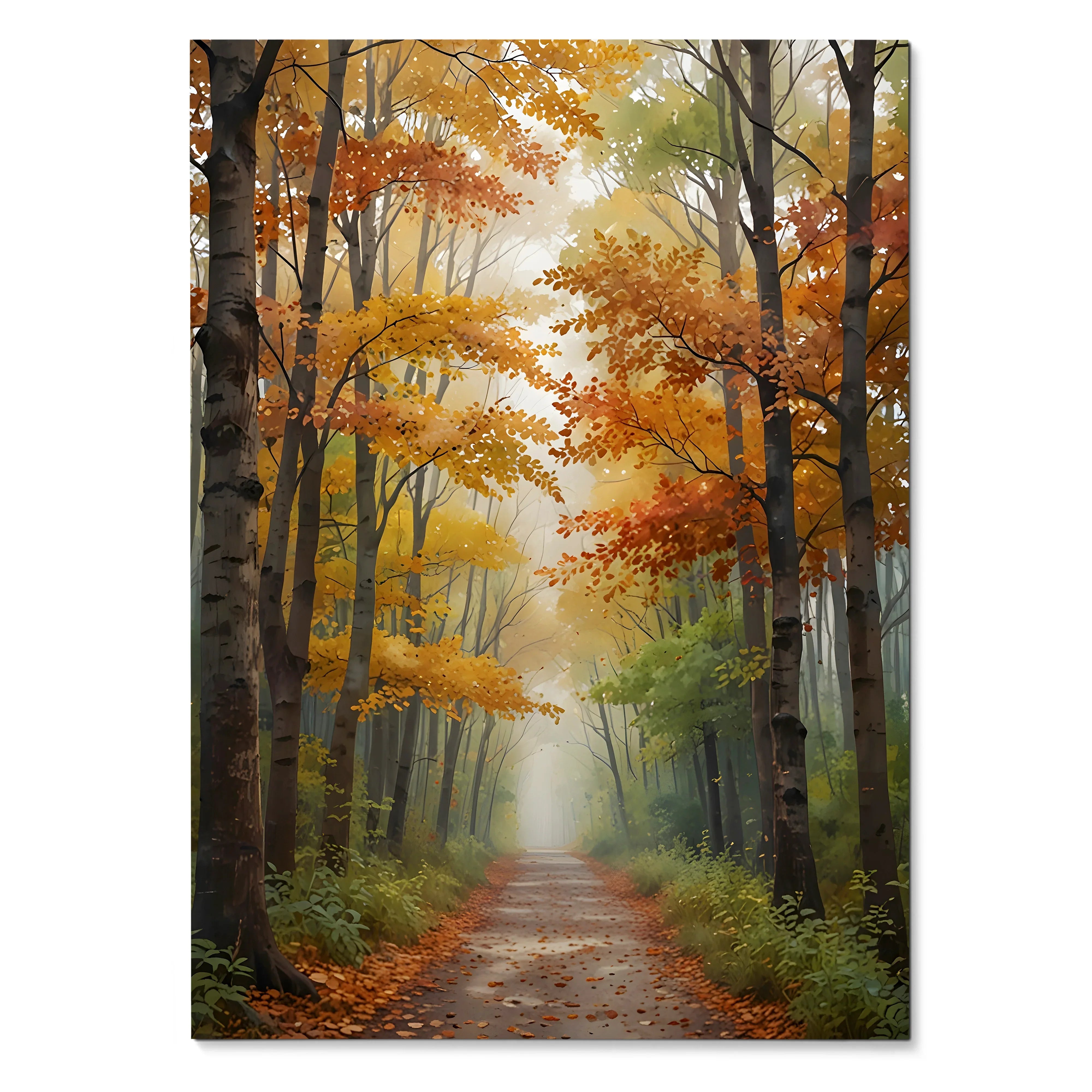 Vertical watercolor style autumn trees poster with orange, yellow, and green foliage wall art.