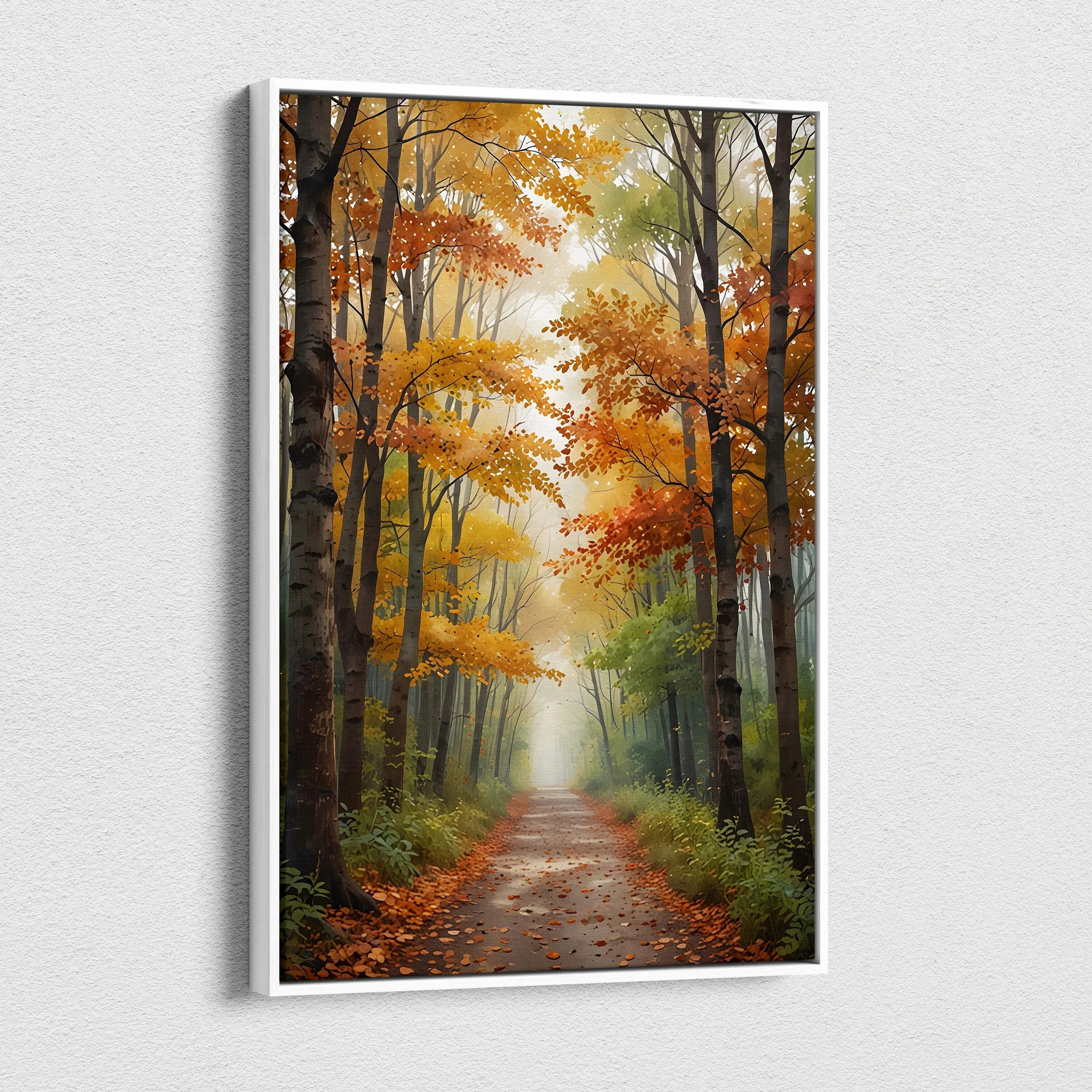 Vertical canvas wall art depicting a vibrant autumn forest path in watercolor style with warm orange and yellow leaves.