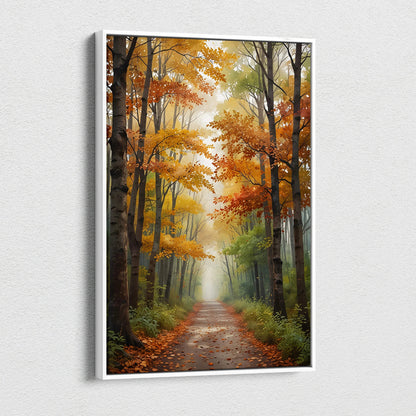 Vertical canvas wall art depicting a vibrant autumn forest path in watercolor style with warm orange and yellow leaves.