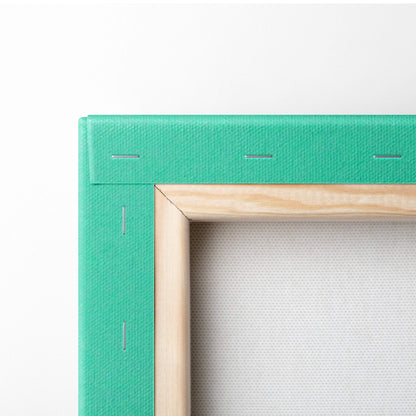 Teal canvas frame with light wood border featuring no action no change motivational typography for office gym or home decor