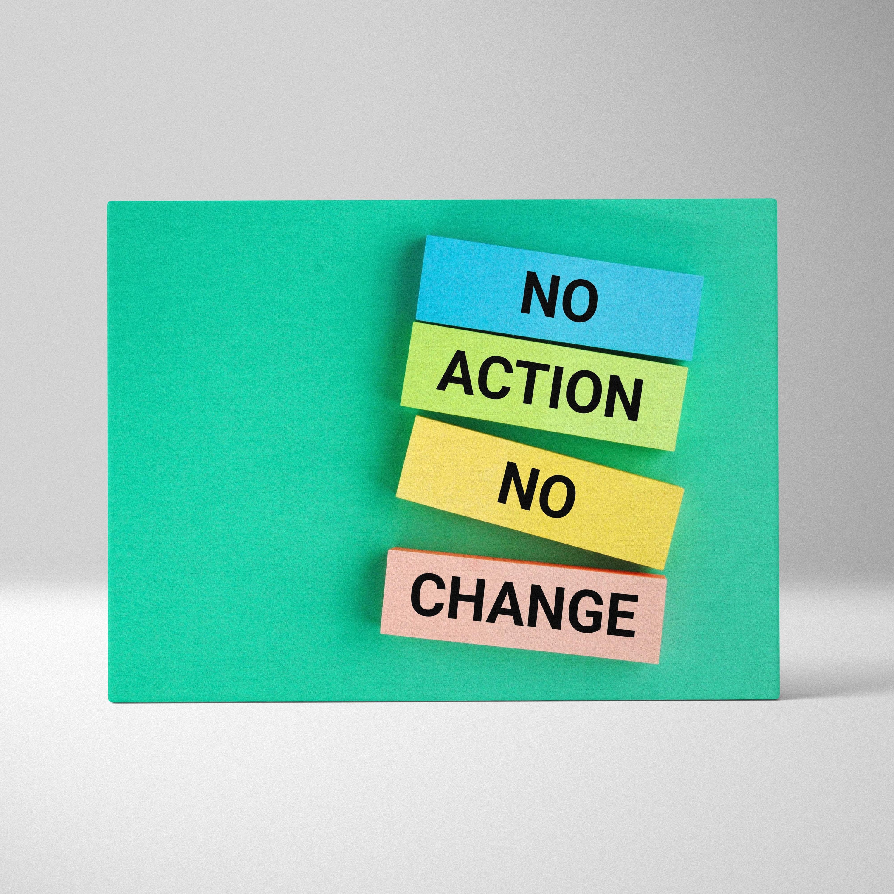 Stacked colorful sticky notes with bold black text on a teal board in motivational typography wall art print