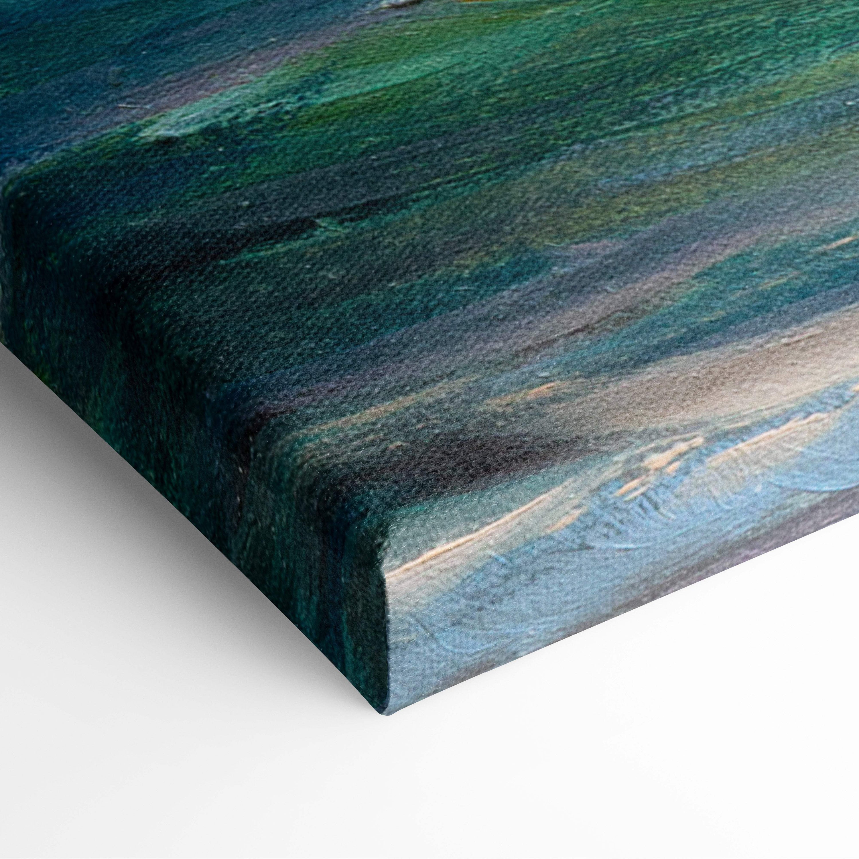 Sunset ocean waves textured canvas painting with swirling teal emerald and blue gradients and soft beige accents