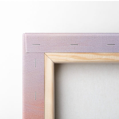 Sunset ocean waves painting style wall art with lavender pink gradient canvas and light wood frame for coastal decor