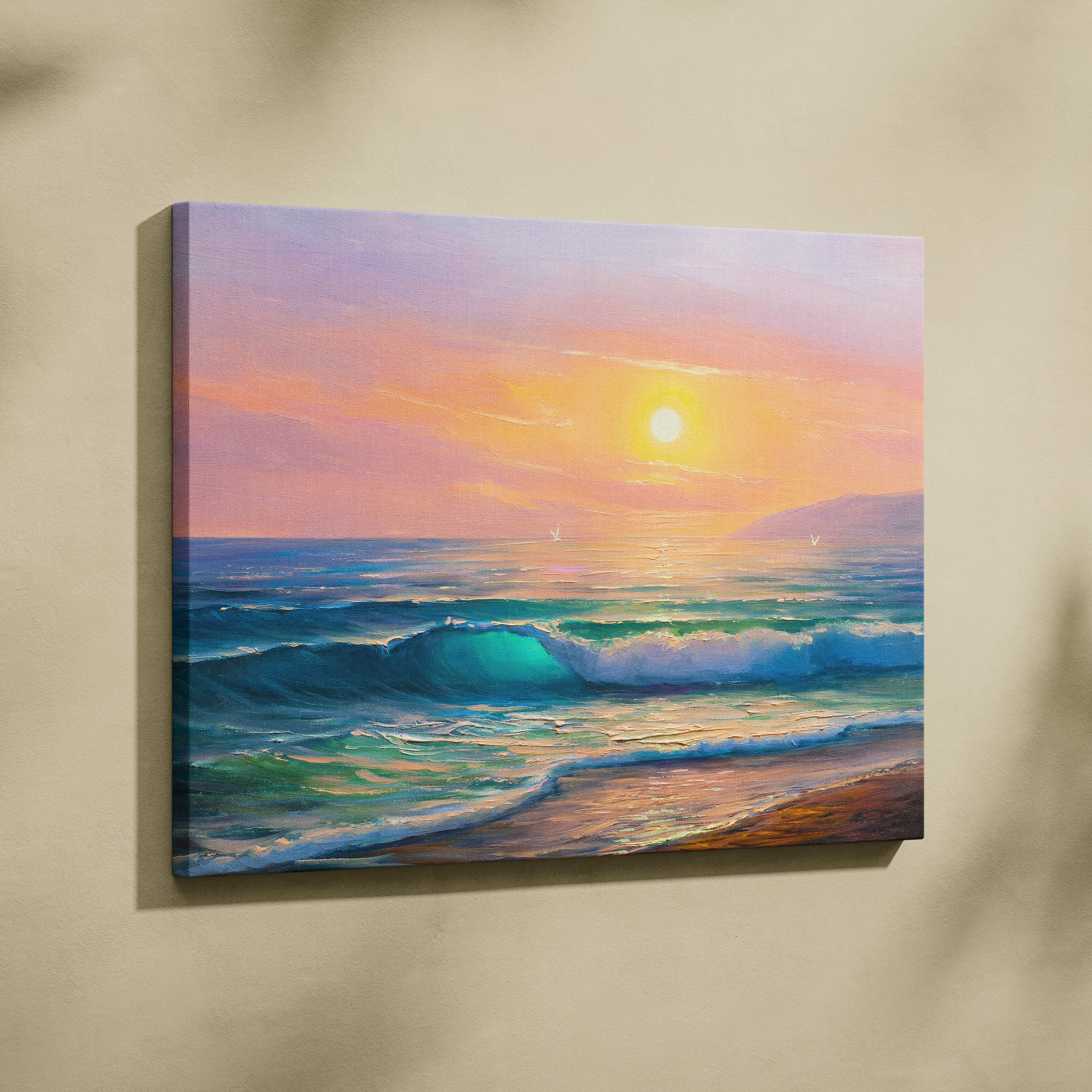A vibrant canvas painting of a sunset ocean waves with turquoise and deep blue colors on a sandy shore