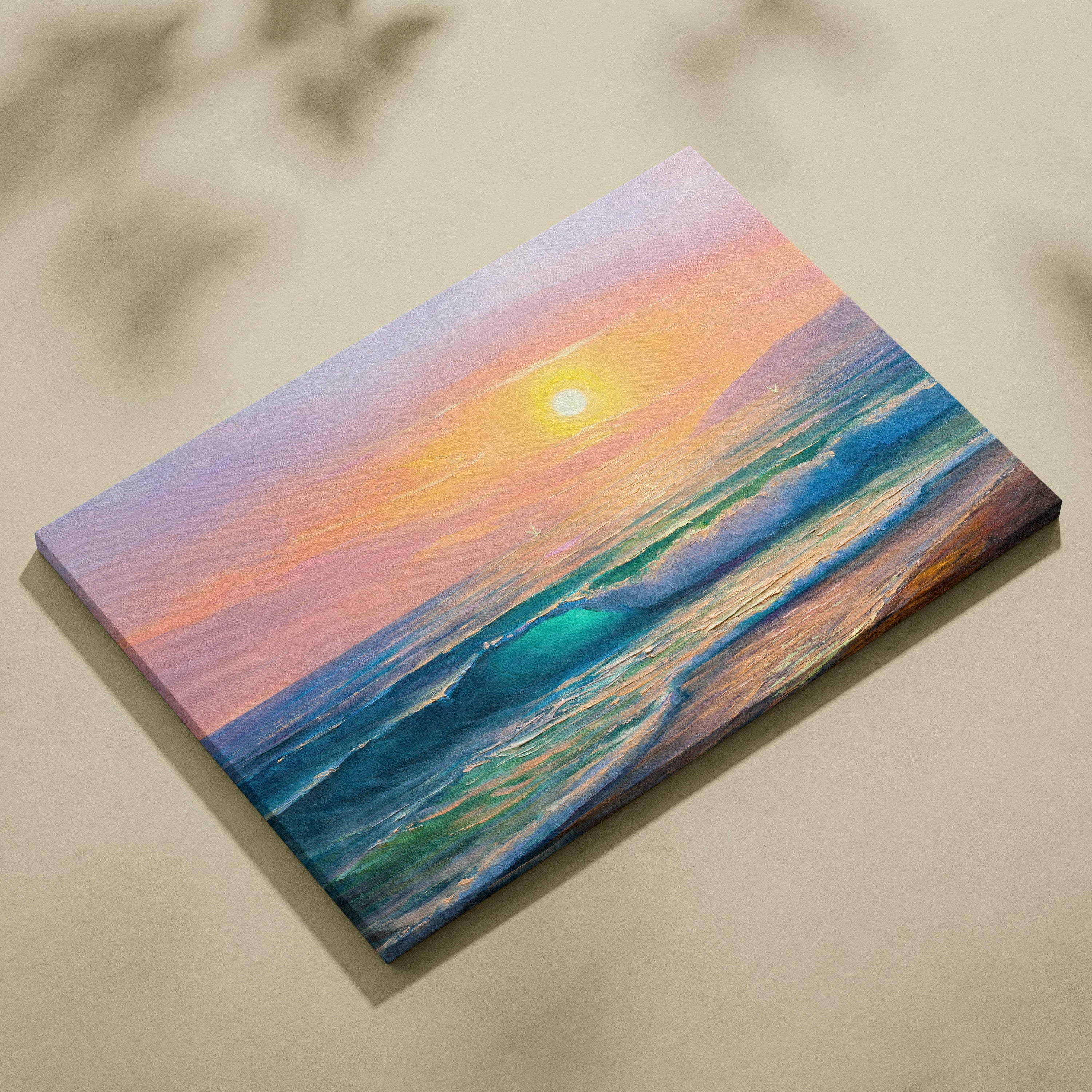 Sunset ocean waves painting style wall art on stretched canvas with textured teal orange and purple waves