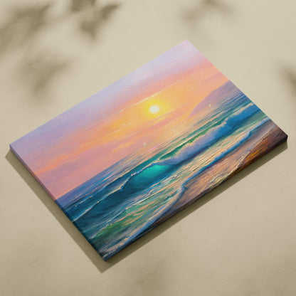 Sunset ocean waves painting style wall art on stretched canvas with textured teal orange and purple waves