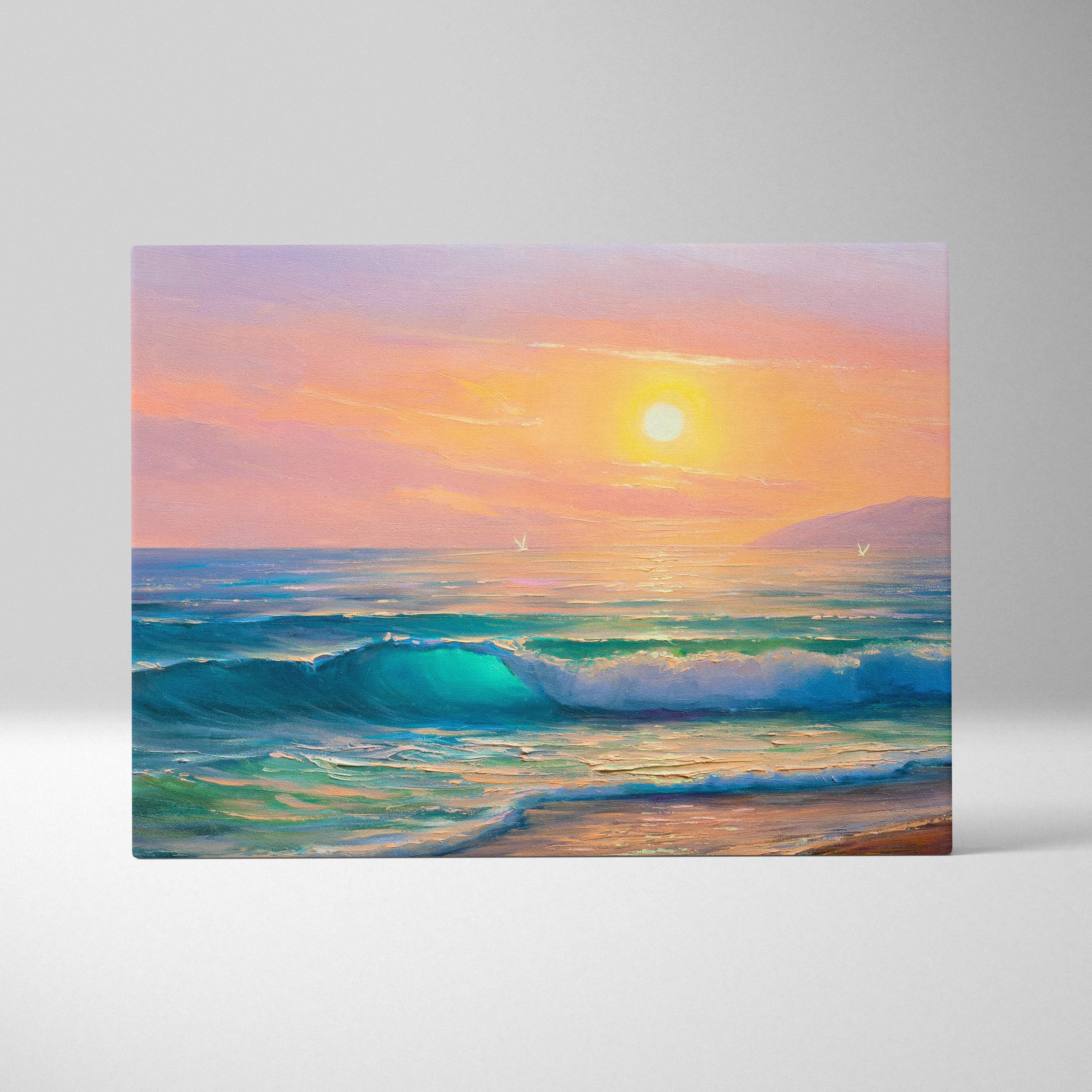 Sunset ocean waves painting style wall art with glowing orange sun, turquoise waves, and soft pink skies on canvas