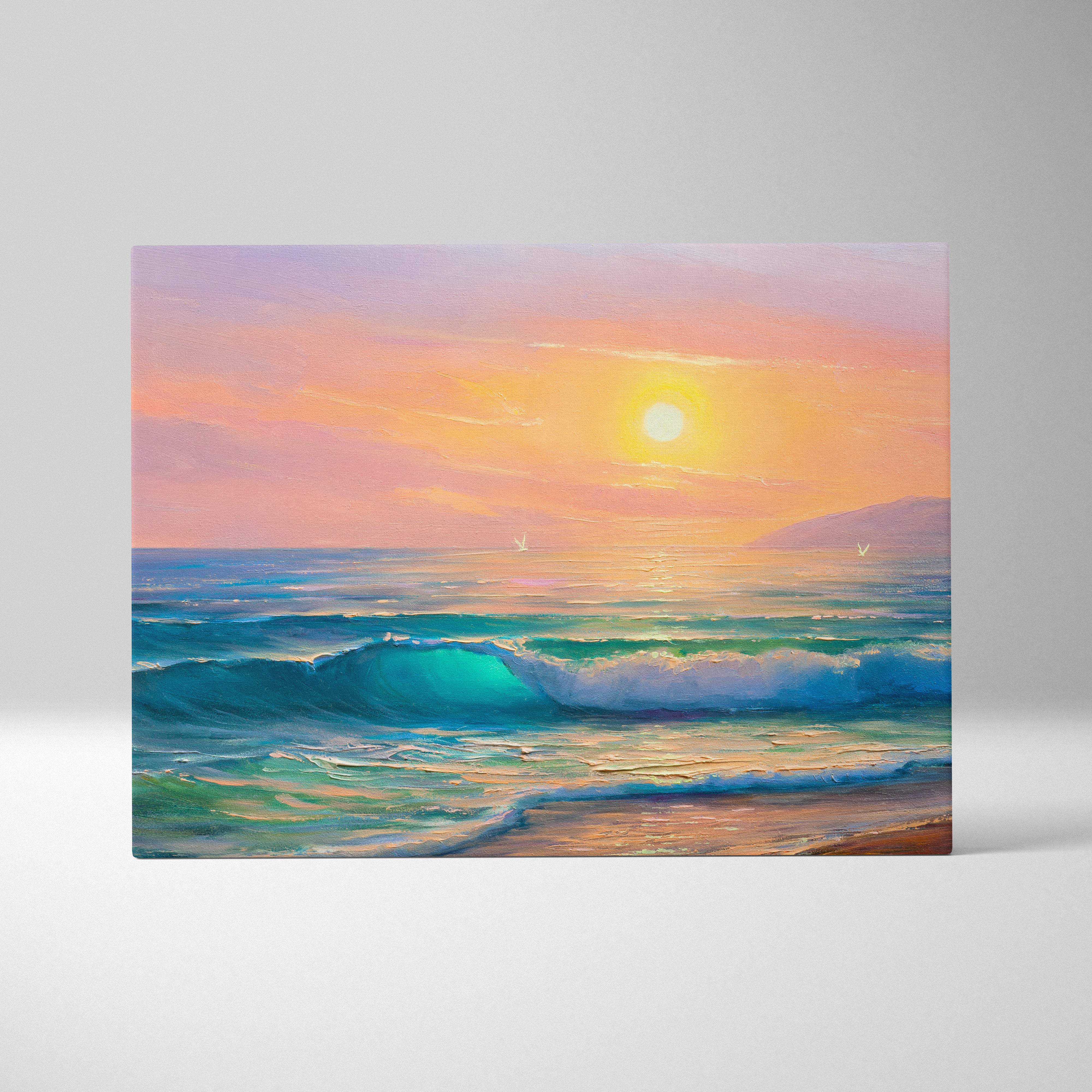 Sunset ocean waves painting style wall art with glowing orange sun, turquoise waves, and soft pink skies on canvas
