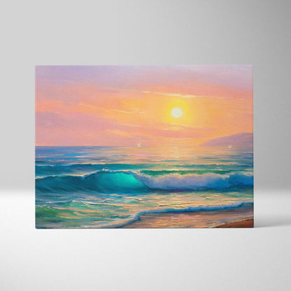 Sunset ocean waves painting style wall art with glowing orange sun, turquoise waves, and soft pink skies on canvas