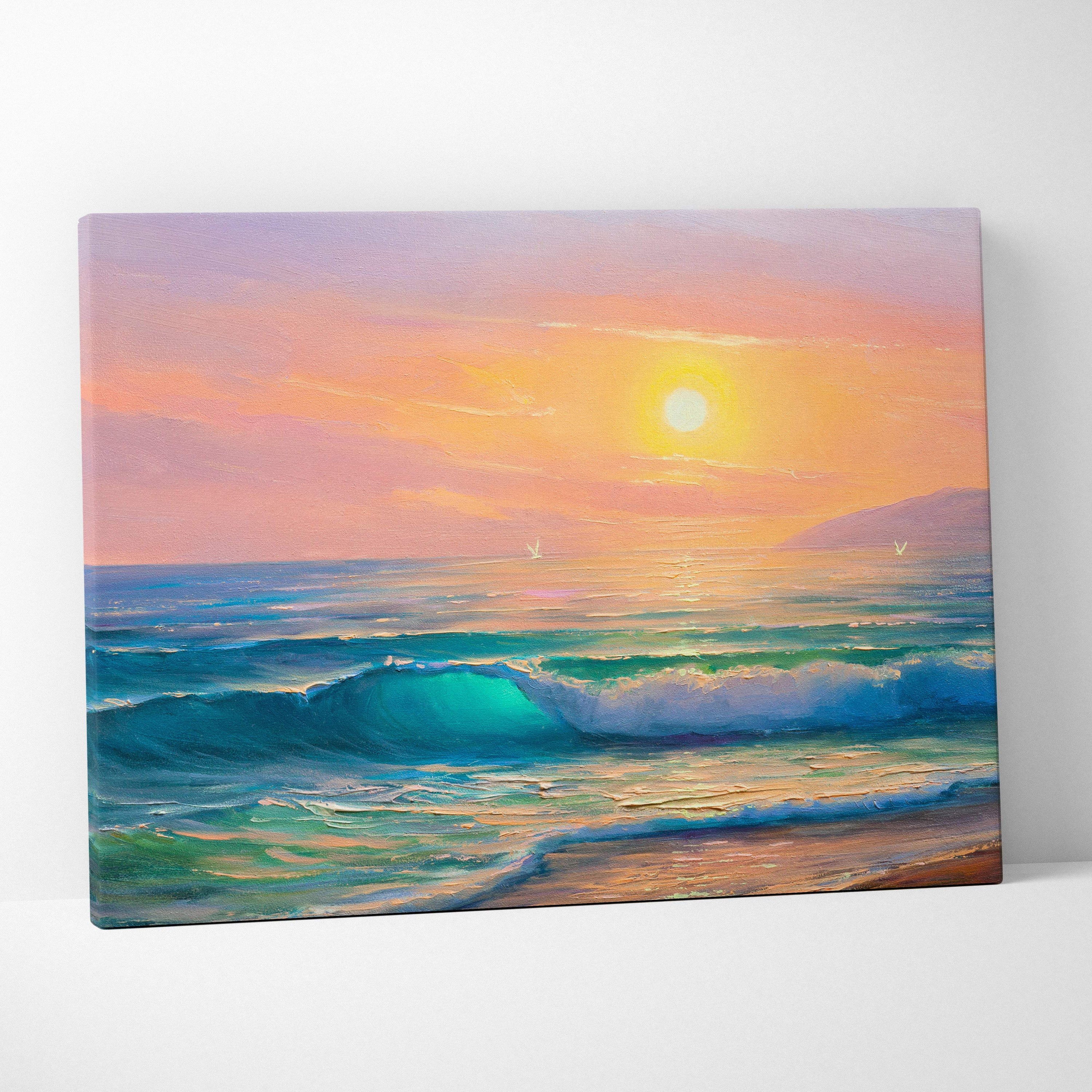 A vibrant canvas painting of a sunset ocean waves with bold brushstrokes in warm orange pink and teal hues