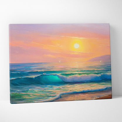 A vibrant canvas painting of a sunset ocean waves with bold brushstrokes in warm orange pink and teal hues
