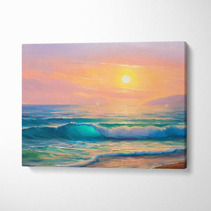 A vibrant canvas painting of a sunset over the ocean with warm pinks and oranges blending into cool blues