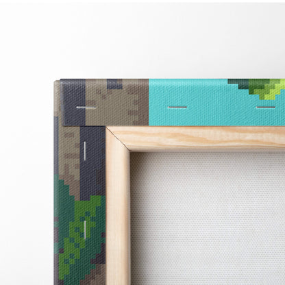 Light wood framed canvas print of pixelated minecraft landscape with green grass blue water and brown dirt blocks
